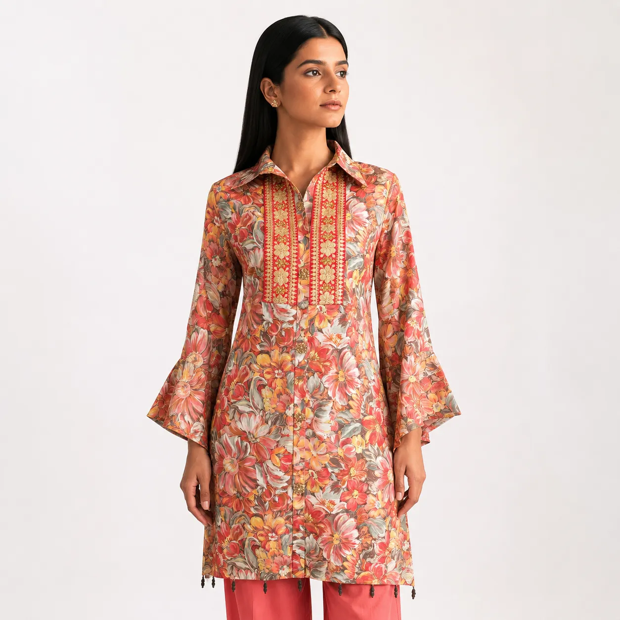 Coral Floral Embroidered Tunic & Trousers Set